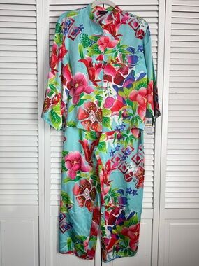 Natori Satin Floral Mandarin Neck Pajama Set Sleep Blue Pink Luxury Small NWT
